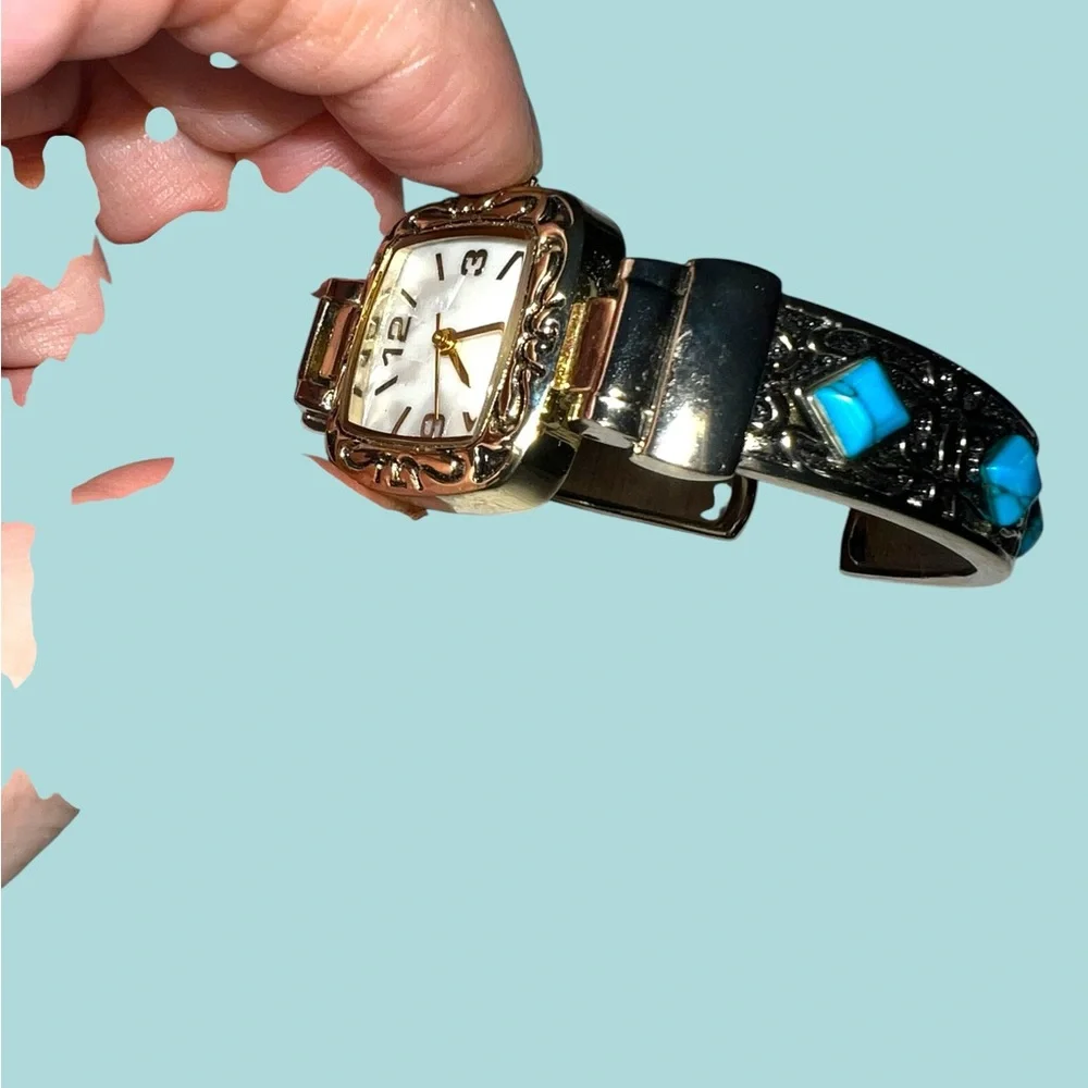 Vintage-Style Pavana Cuff Watch with Faux Turquoise Stones